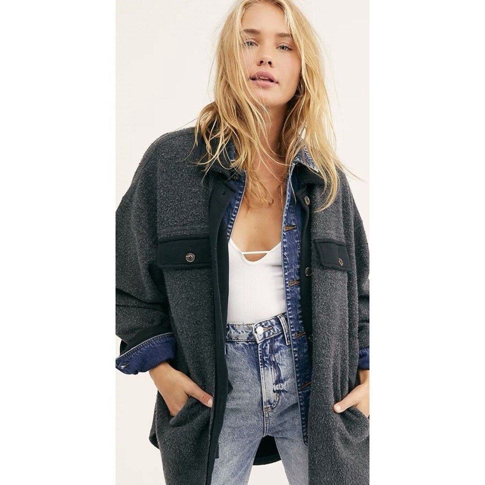 Free People Button Down Jacket Ruby Fleece Shacket Gray Lounge Cozy Oversized M